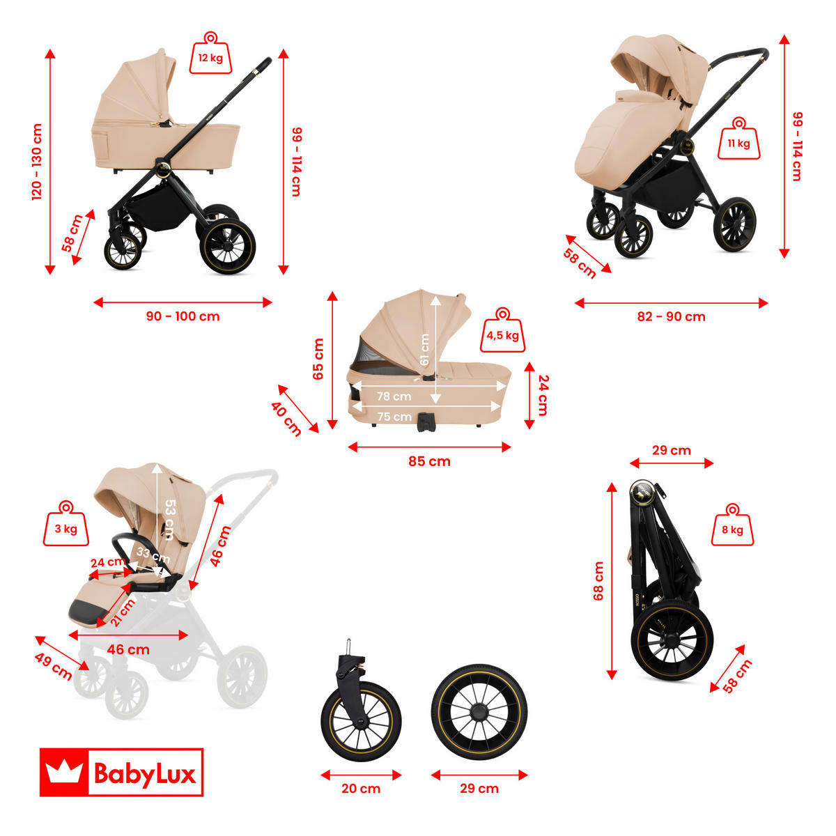 KINDERWAGEN Rosso 4in1 Silber Babywanne, Reisebuggy, Autositz, Isofix Basis - Silberfarben/Schwarz, Textil/Metall (58/98cm) - BabyLux