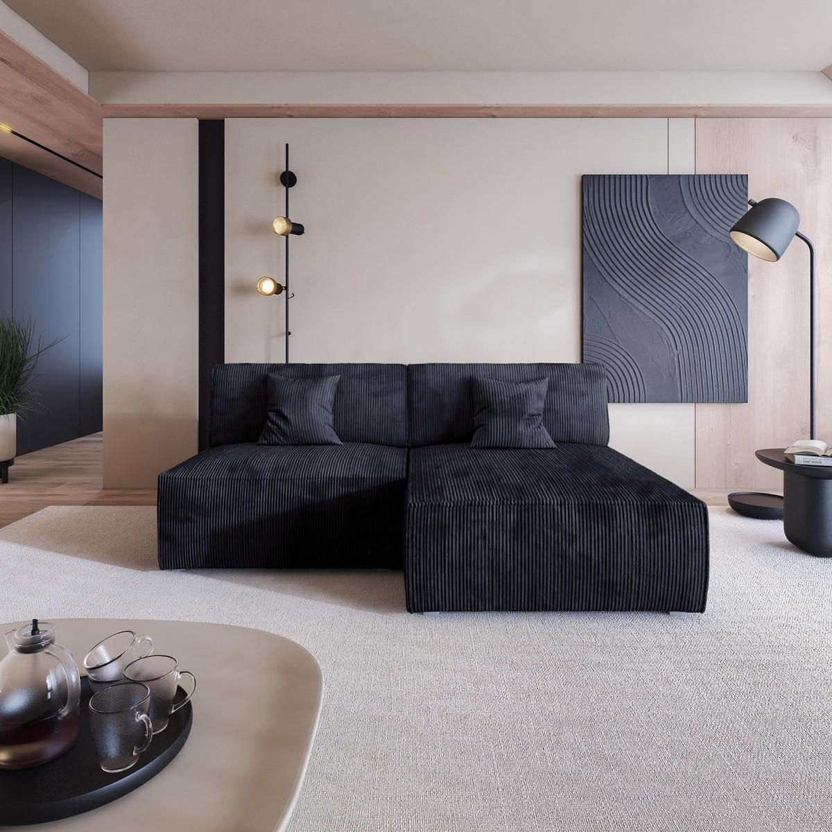 ECKSOFA FIORO P Schwarz Kordstoff mit Schlaffunktion - Schwarz/Grau, Holz/Kunststoff (204/148cm) - MASSENO
