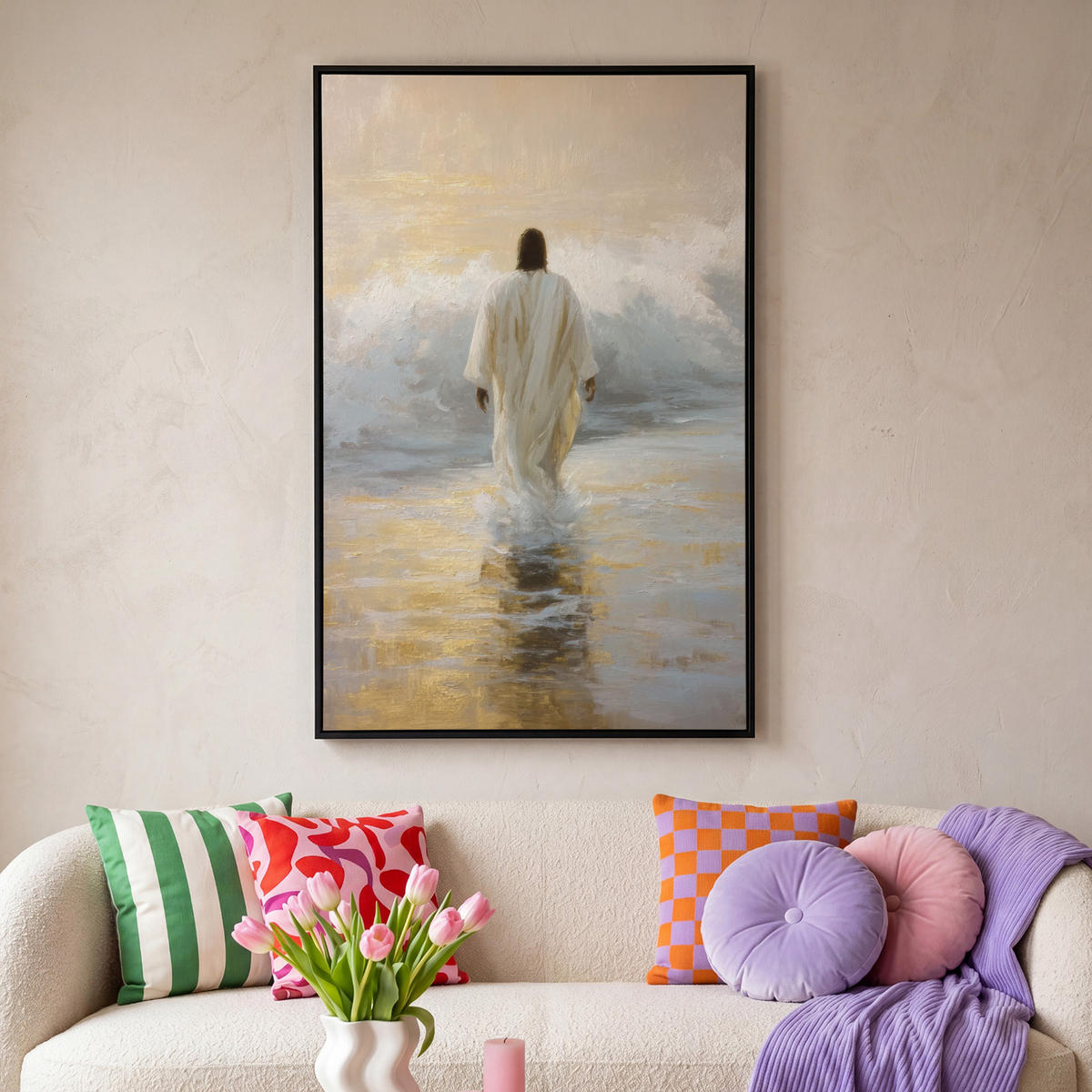 LEINWAND Bilder mit Rahmen - Gemälde - Welle - Jesus - Abstrakt - 90x140 - Goldfarben, Textil (90/140cm) - MuchoWow