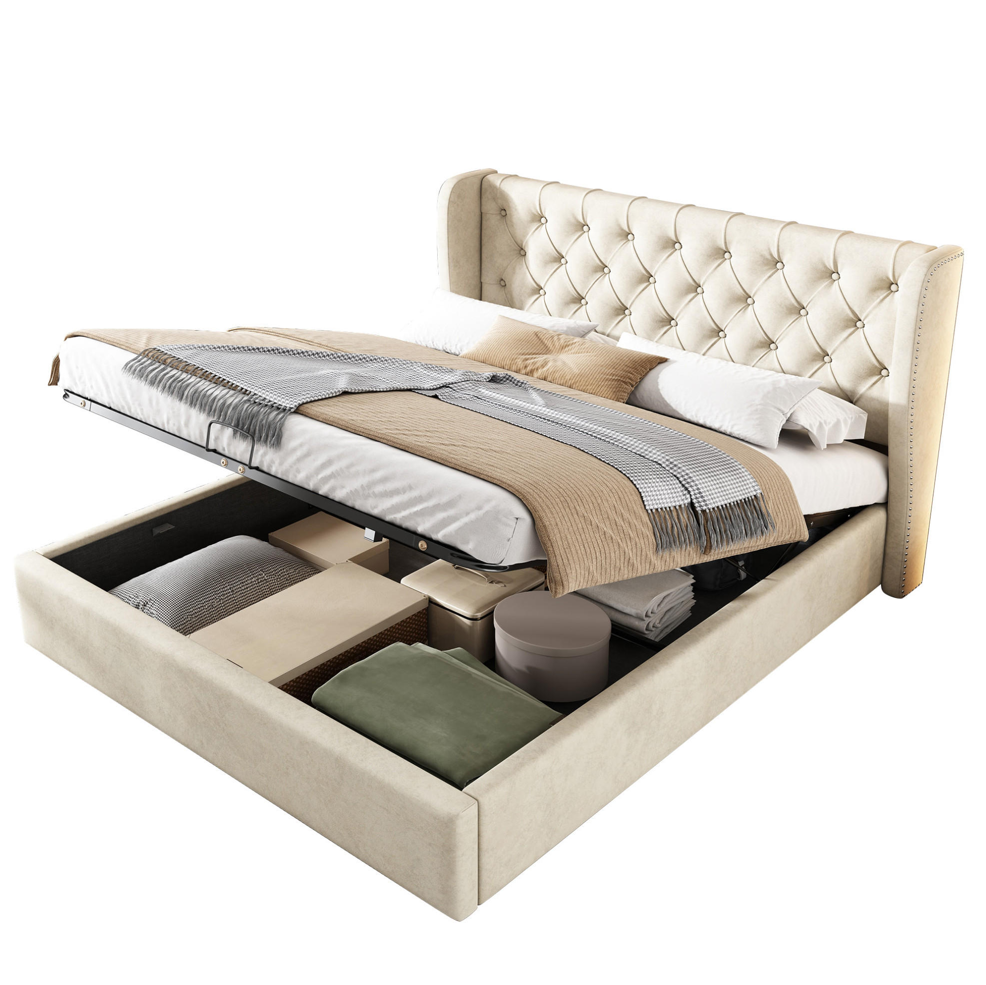 POLSTERBETT 180/200 cm mit Bettkasten, Lattenrost und Chesterfield-Kopfteil aus Samt, Beige - Beige, Textil (180/200cm) - Redom