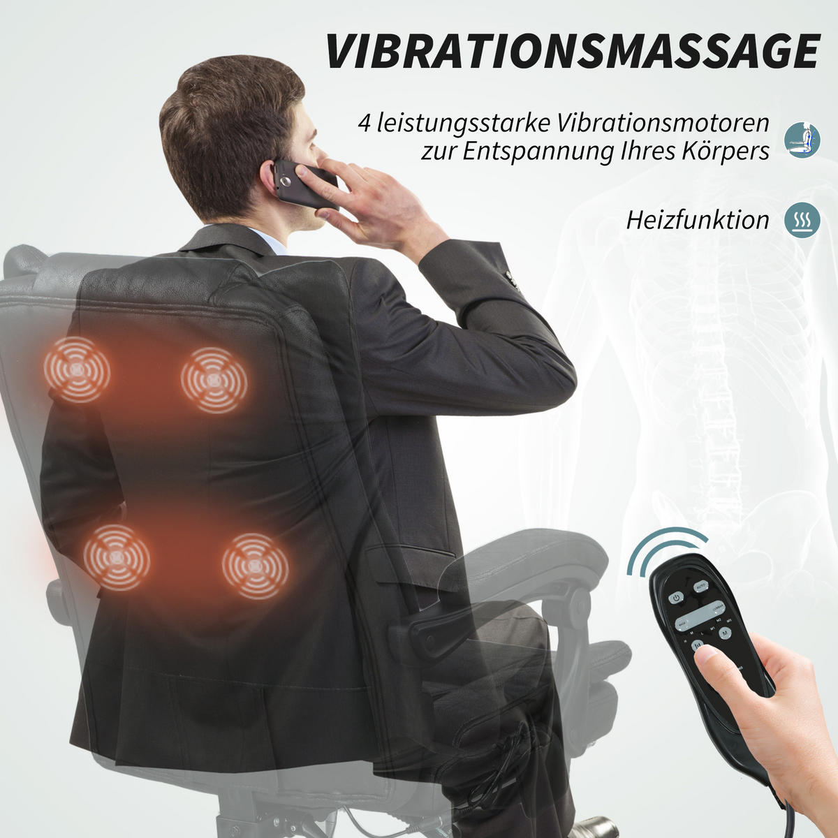 MASSAGE-BÜROSTUHL, Schreibtischstuhl mit Heizfunktion, Fußstütze, Schwarz - Schwarz, Kunststoff (70/118/64cm) - Vinsetto