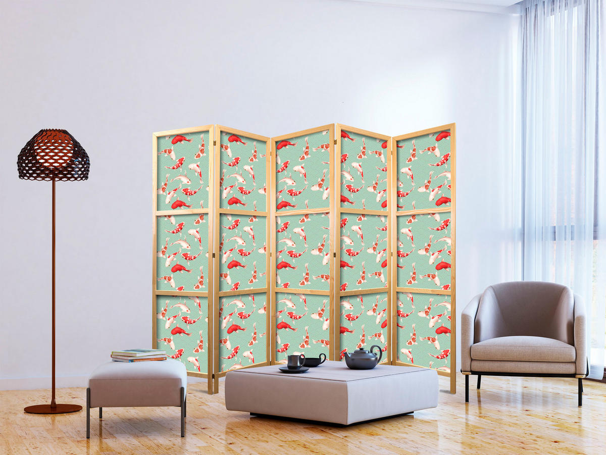 PARAVENT Japanischer 5-tlg 225x172 cm Koi-Fische - Grün, Holz/Textil (225/172/3cm) - Muralo