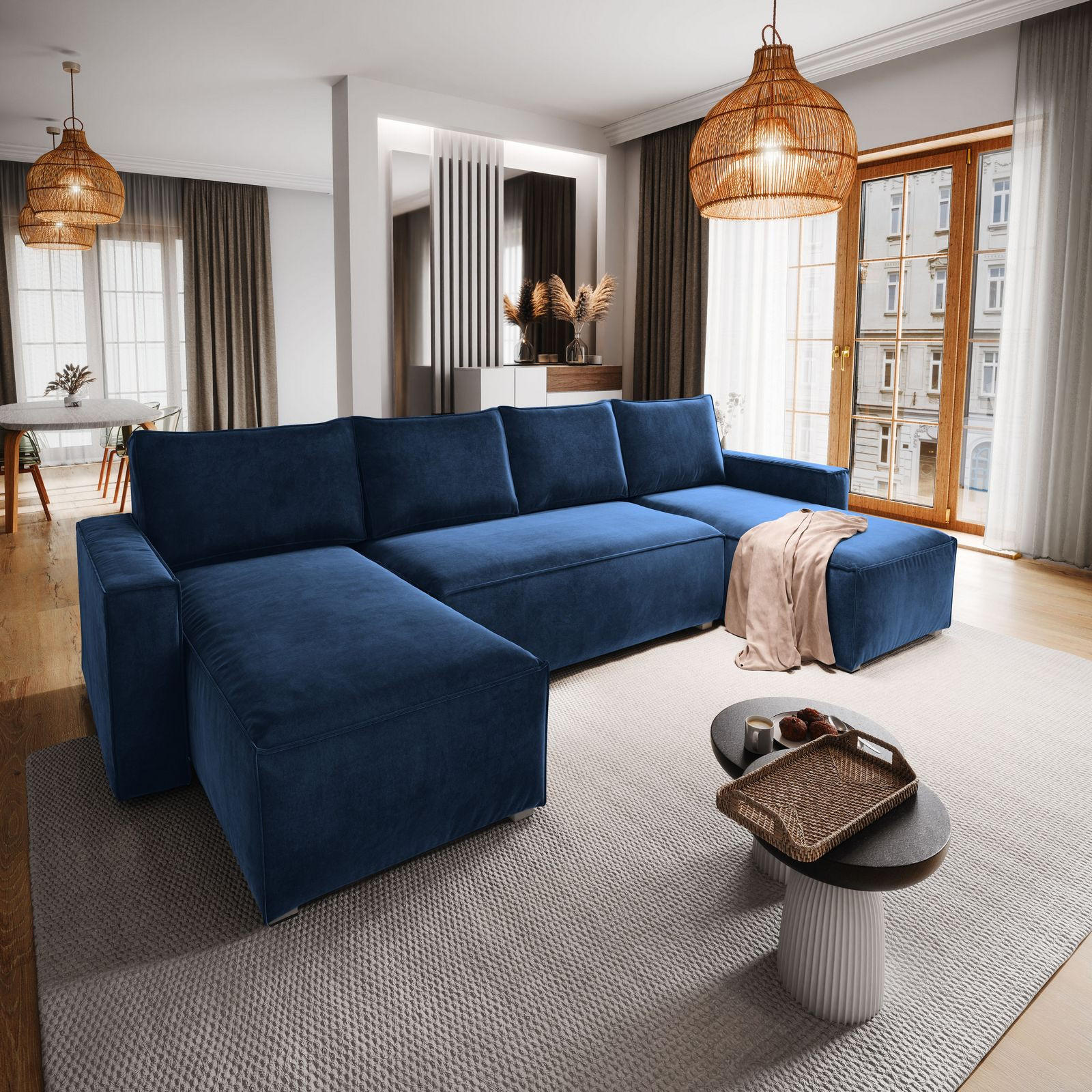 WOHNLANDSCHAFT DENI Blau Velours-Stoff mit Schlaffunktion - Blau, Holz (295/85/140cm) - MASSENO