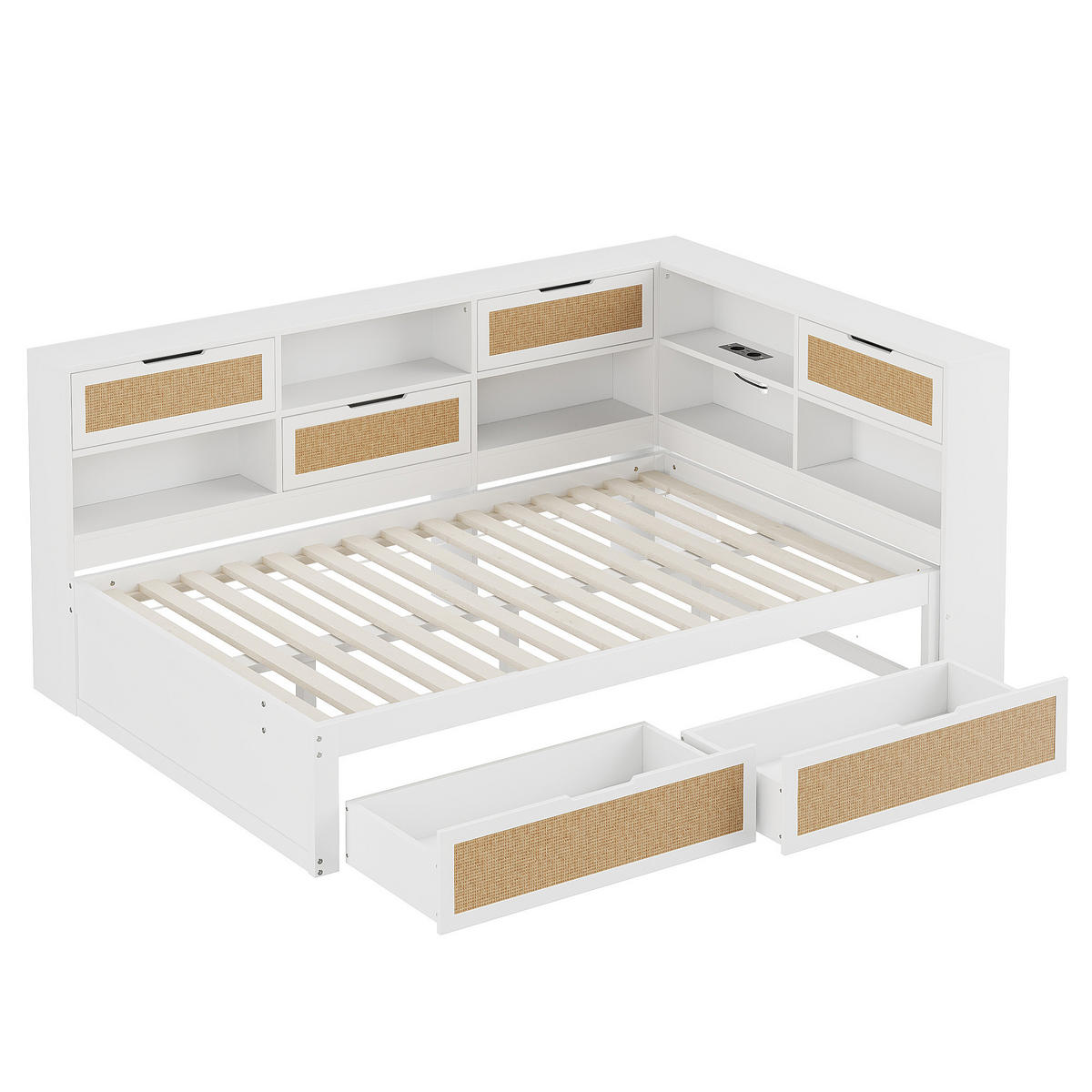 MULTIFUNKTIONSBETT 140/200 cm weiß aus MDF mit Stauraum und USB-Anschlüssen - Weiß, Holzwerkstoff (140/200cm) - OKWISH