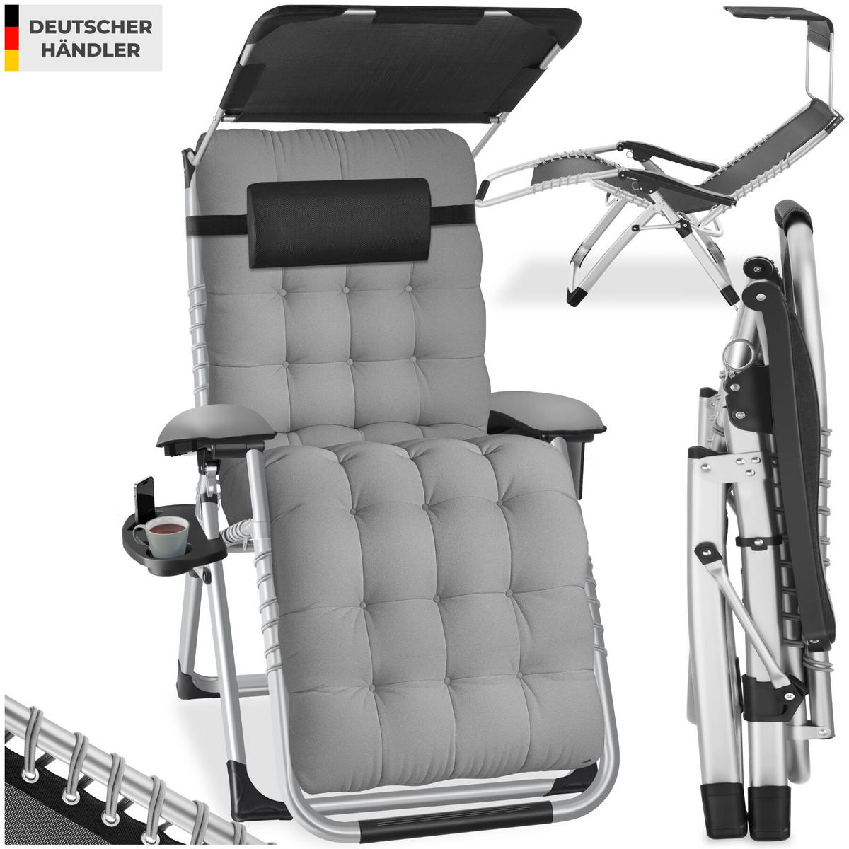 SONNENLIEGE Cloud II, mit Ablagetisch und Stautasche, hellgrau - Hellgrau, Kunststoff (84/103/168cm) - tectake