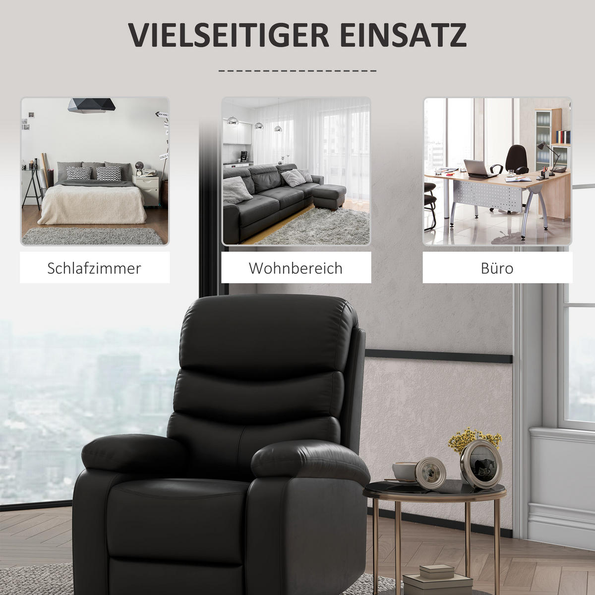 RELAXSESSEL Liegesessel Sessel mit Liegefunktion bis 125 kg Belastbar Schwarz - Schwarz, Kunststoff (90/105/78cm) - HOMCOM