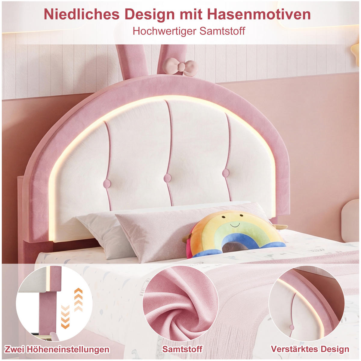 KINDERBETT 90 x 200 cm mit LED Hasenohren Kopfteil,Polsterbett mit Lattenrost, Samtstoff, Mit Schubladen,für Kinder, Mädchen - Pink, Holz/Holzwerkstoff (90/200cm) - BursDany