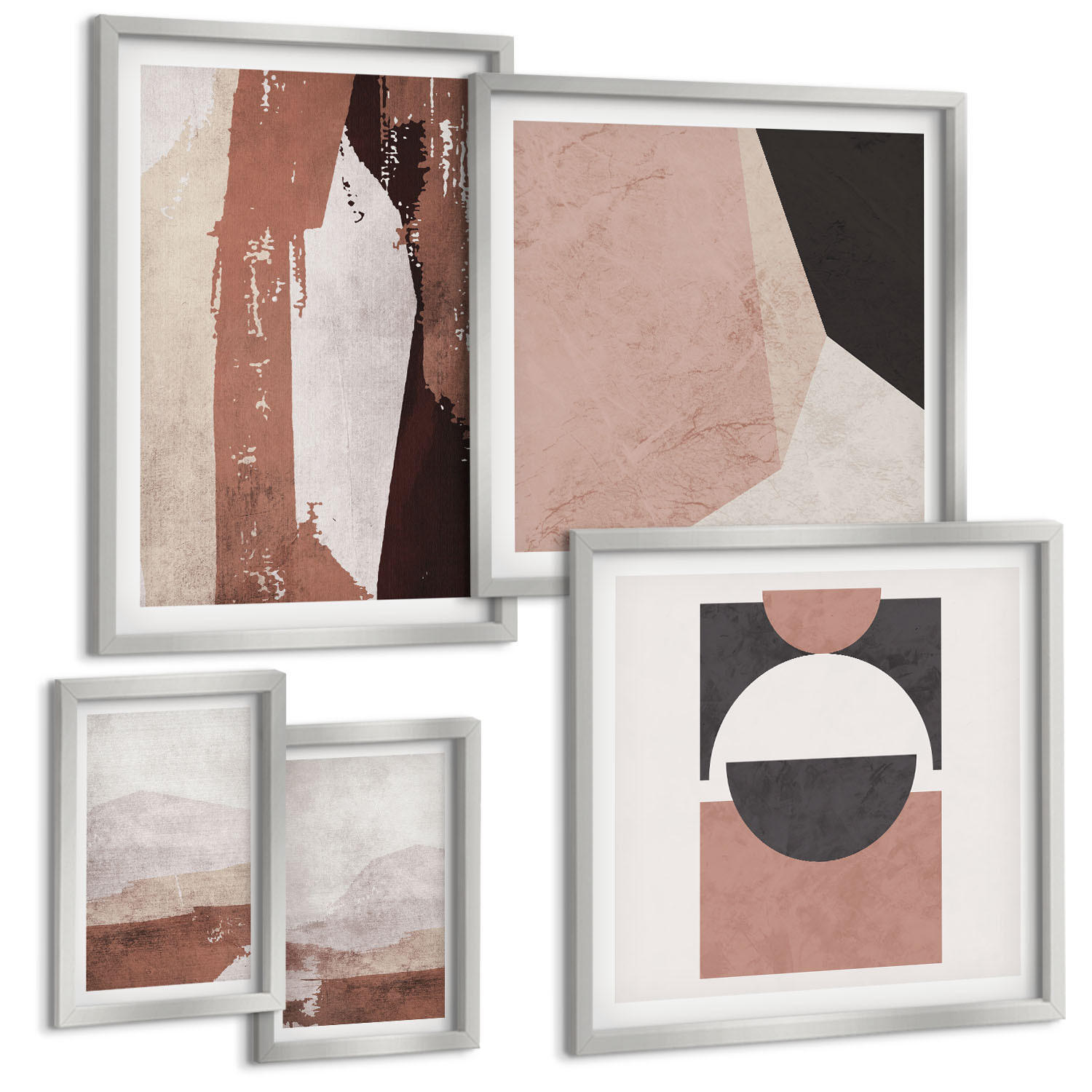 BILDER SET 5er Set - 50x50 cm & 20x30 cm & 40x60 cm Silberner Rahmen - Abstrakte braune Muster - Silberfarben, Kunststoff (40/60cm) - TULUP