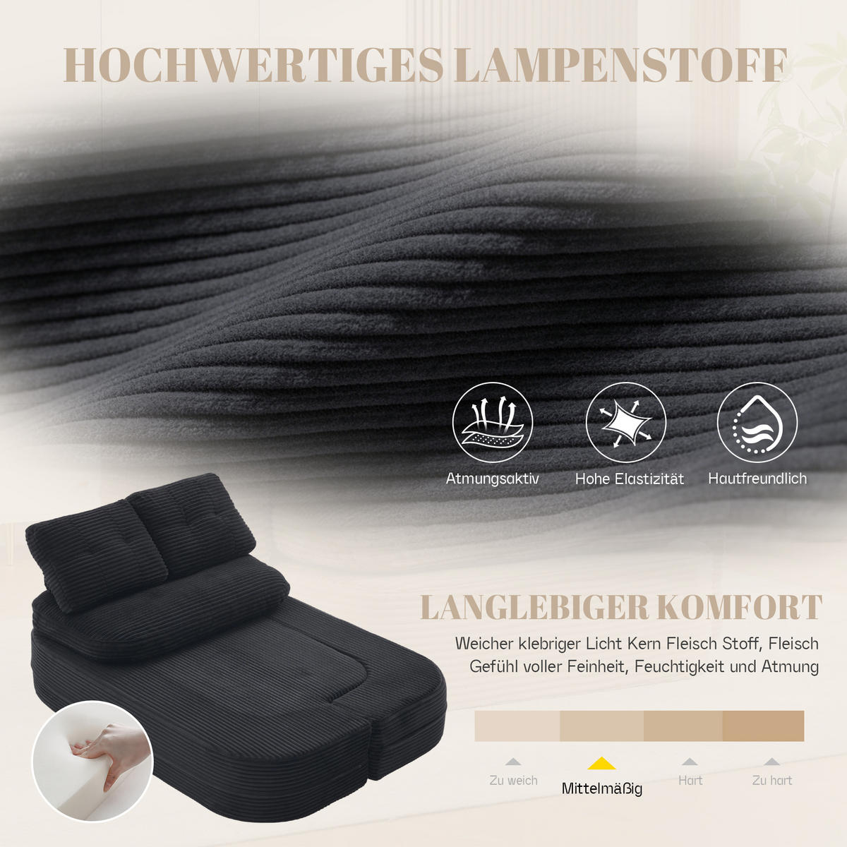 SOFA it Liegefunktion aus Cord mit verstellbaren Armlehnen und Getränkehaltern in Schwarz - Schwarz, Textil (165/61/97cm) - EVRYAE