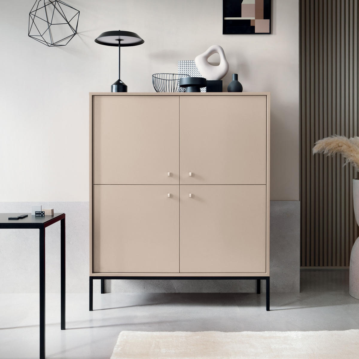 HOCHKOMMODE BARI KW4D (Beige, Goldene Griffe, Schwarzes Gestell) - Beige/Goldfarben, Holz/Holzwerkstoff (104/126/39cm) - Ravio