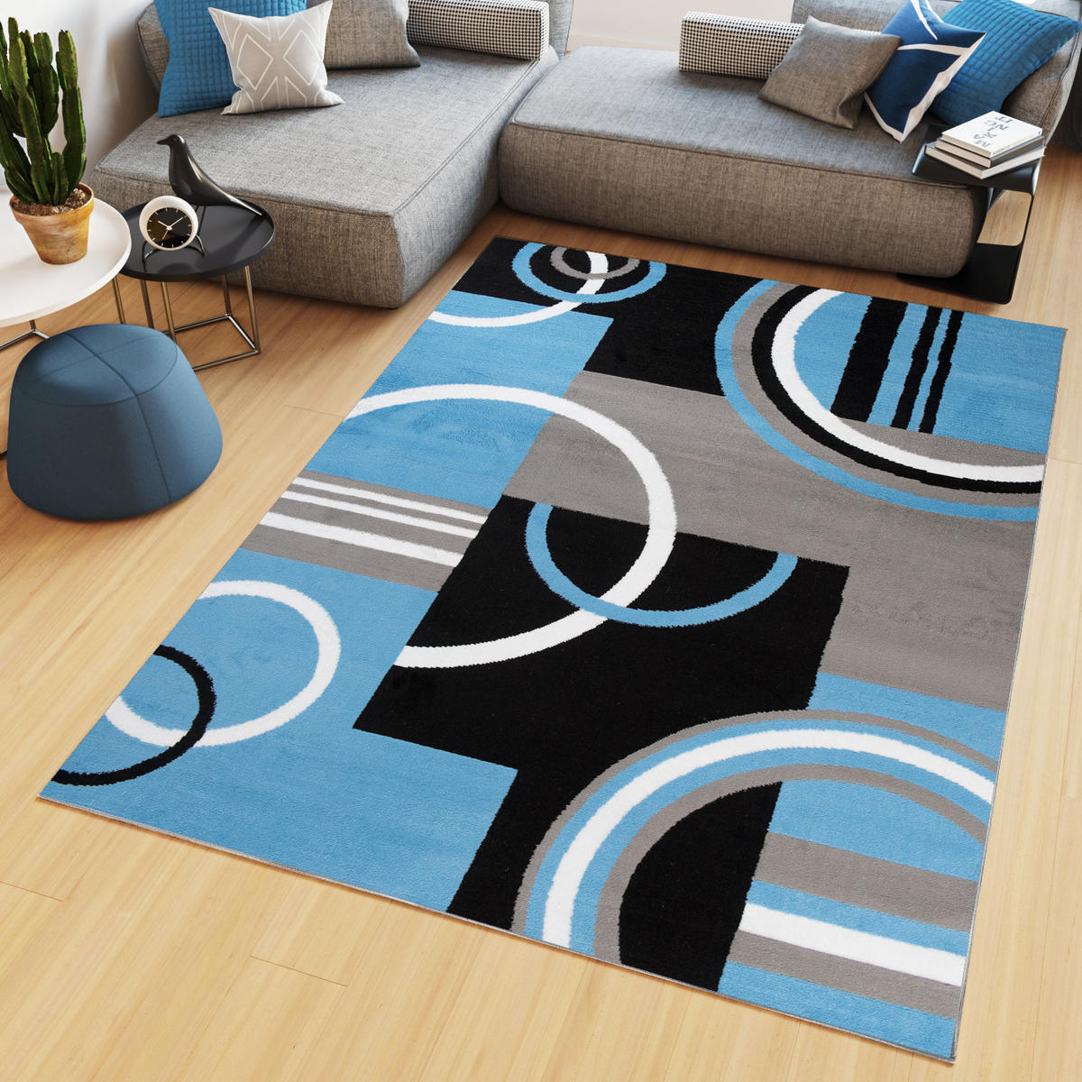 TEPPICH MAYA Blau Geometrisch Kreise Vierecke 220/300 cm - Blau, Textil (220/300cm) - Tapiso