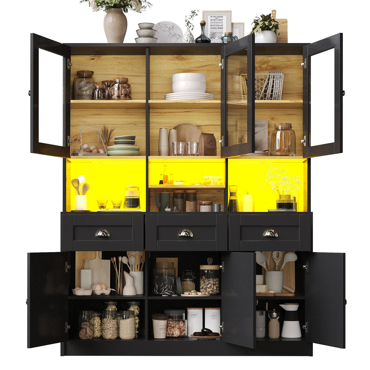 KÜCHENSCHRANK 140x40x175 cm, 3 Schubladen, LED-Beleuchtung, Acryltüren, Schwarz - Schwarz, Holzwerkstoff (140/175/40cm) - FOHERE