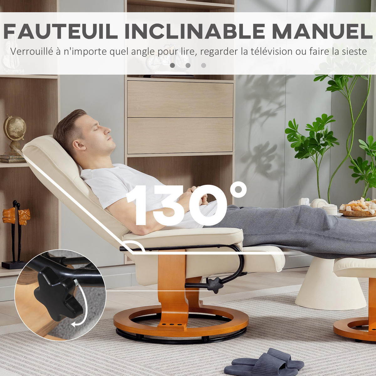 RELAXSESSEL DE-17407 130° neigbar, 360° drehbar mit Fußstütze Creme - Creme, Holz (85/104/76cm) - ComfortXL