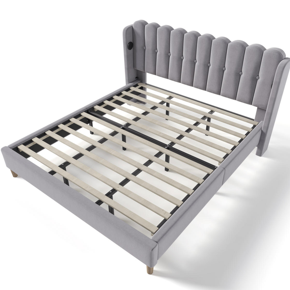 POLSTERBETT 180/200 cm mit USB- und Typ-C-Anschluss, Lattenrost und gepolstertem Kopfteil aus Leinen, Grau - Grau, Textil (180/200cm) - Redom