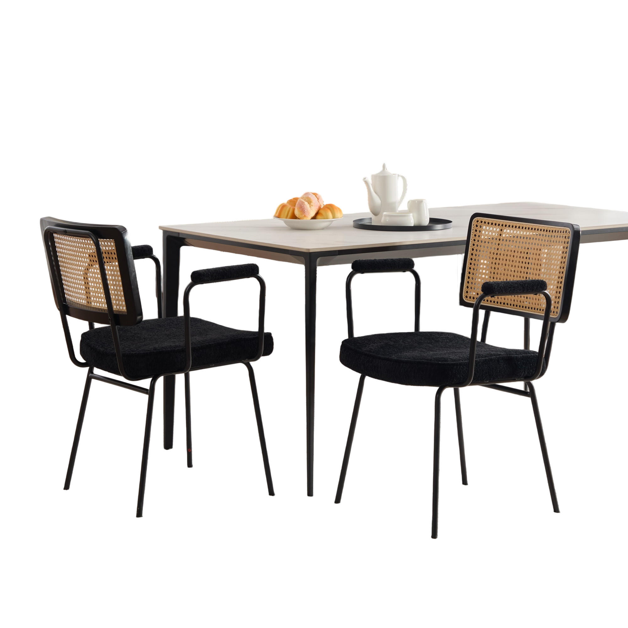 ARMLEHNSTUHL-SET DE-36881 2 Stück mit Chenille-Polsterung und Rattan-Optik Schwarz - Schwarz, Metall (58/82/62.5cm) - ComfortXL