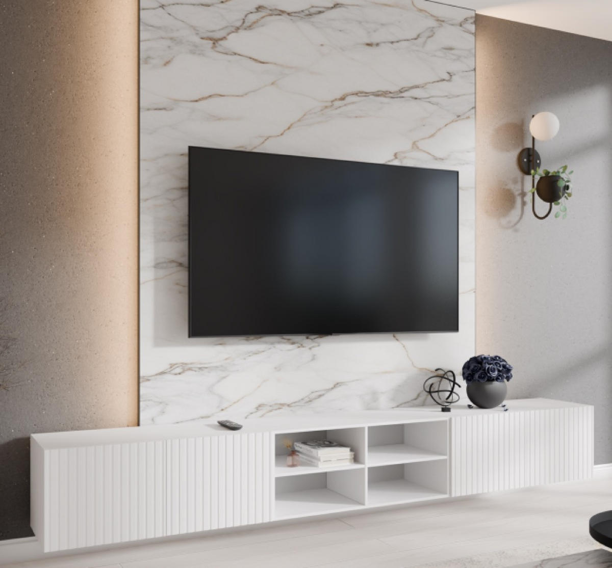 TV-SCHRANK Weiß RIO Offene Mit Regalen 300 cm - Weiß, Holzwerkstoff (300/41/40cm) - Sepro Meble