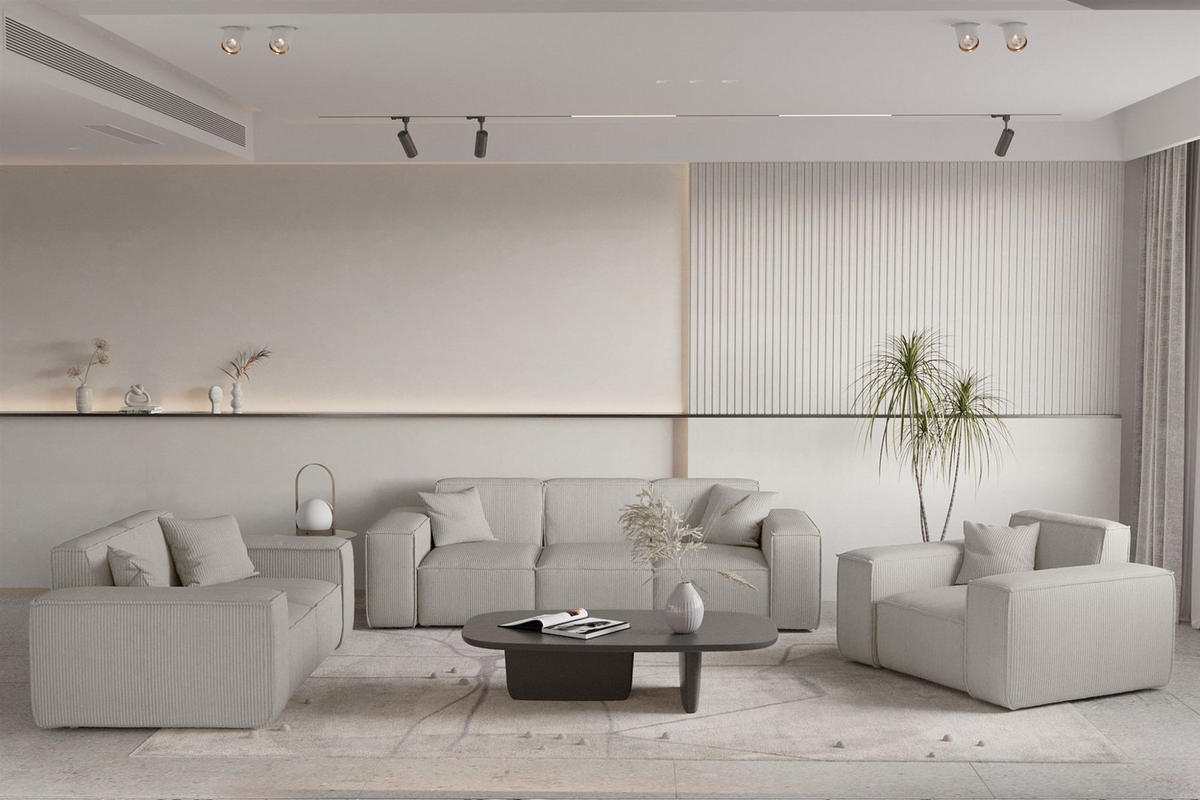 SOFASET Celes Premium 3-2-1 Stoff Scala - Hellgrau, Holzwerkstoff/Textil (225/73/88cm) - Fun Möbel