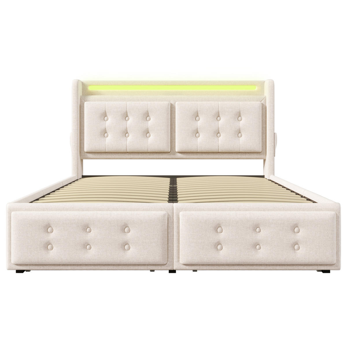 POLSTERBETT aus Baumwoll-Leinen 160x200 cm Beige mit LED, USB-C, 4 Schubladen und Matratze - Beige, Textil (160/200cm) - Modfu