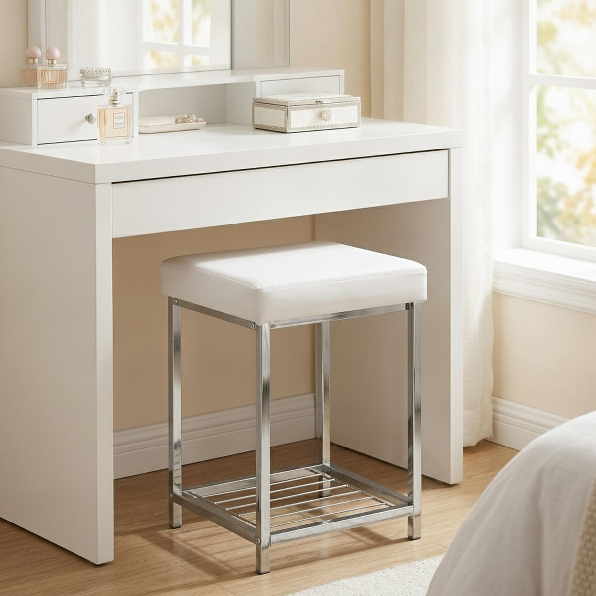HOCKER Weiß Chrom Kunstleder gepolstert mit Ablage - Multicolor, Kunststoff/Metall (33/47/33cm) - Relaxdays