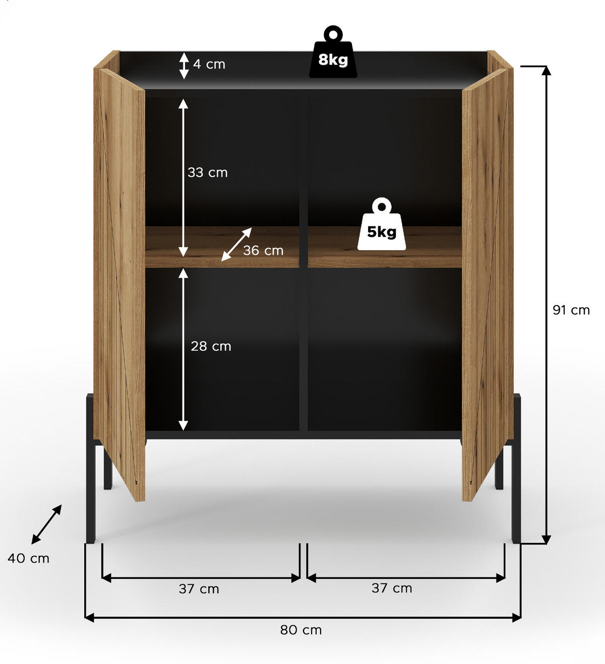 KOMMODE Evoke Eiche 80 x 91 cm, Sideboard mit Soft-Close - Eichefarben/Schwarz, Holzwerkstoff/Metall (80/91/40cm) - Inn.Furn