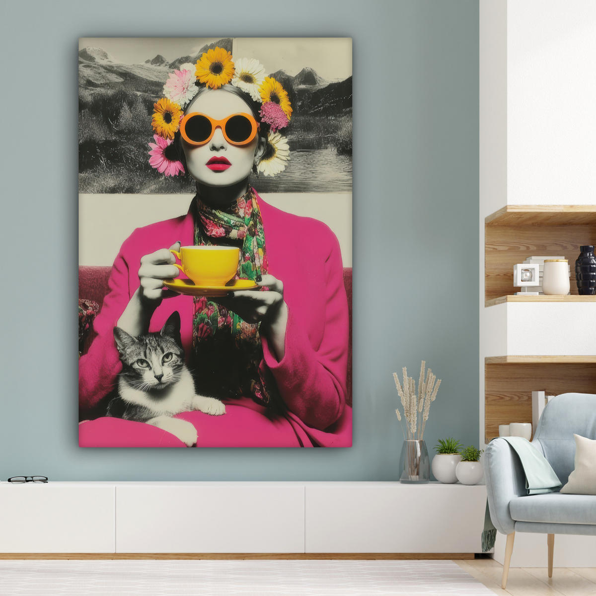 OBRAZ NA PLÁTNĚ Žena - kočka - květiny - šálek - retro 90x140 cm - purpurová, textil (90/140cm) - MuchoWow