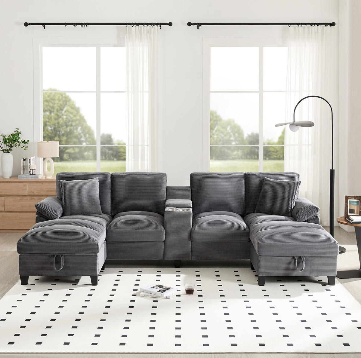 WOHNLANDSCHAFT 293/142/93 cm in Grau, U-Form mit Stauraum und USB-Anschlüssen - Grau, Textil (93/293/142cm) - Flora Grace