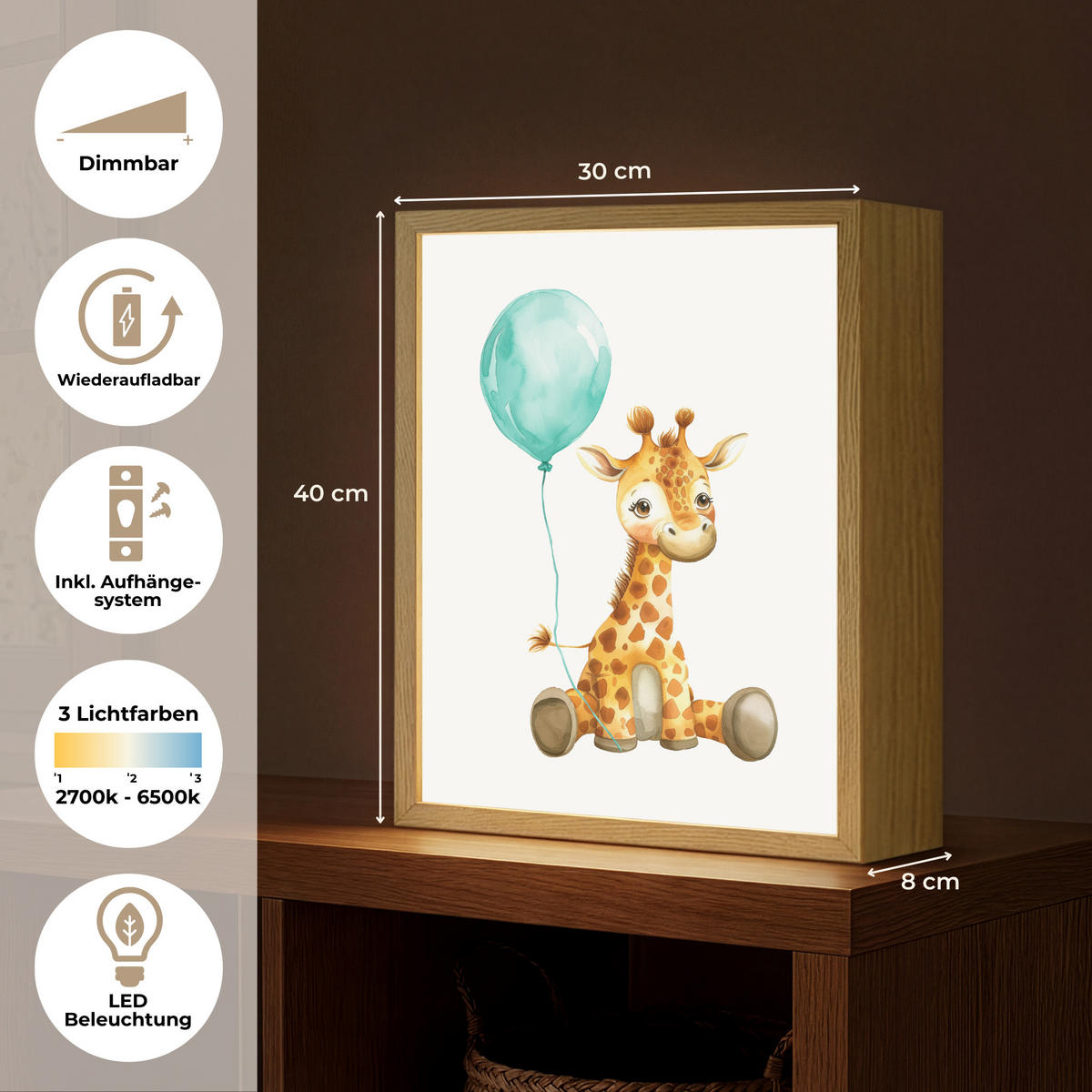 WANDLEUCHTE MIT AKKU Giraffe - Baby - Tiere - Blauer Ballon 30x40 cm - Weiß, Holzwerkstoff (30/40/8cm) - OnlyWow