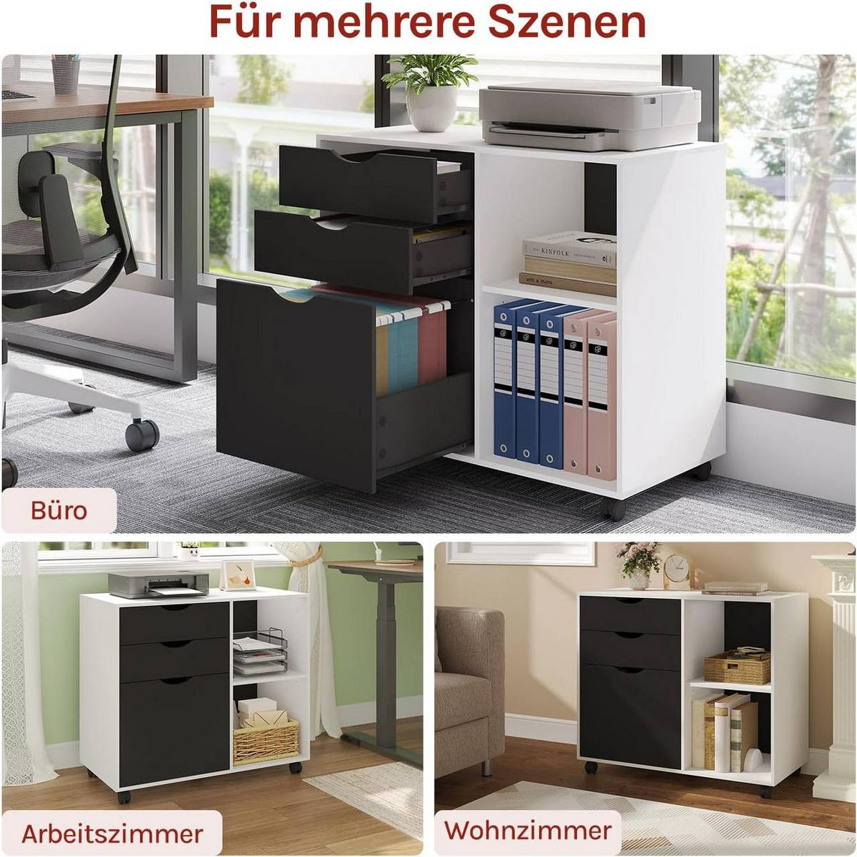 ROLLCONTAINER mit 3 Schubladen,5 Rollen, Weiß+Schwarz - Schwarz/Weiß, Holzwerkstoff (80/69.5/39.5cm) - Woltu
