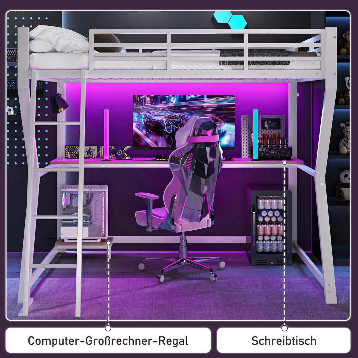 GORNJI krevet od metala i MDF-a 90x200 cm bijeli s LED rasvjetom, radnim stolom, USB priključkom i stepenicama - bijela, metal (70/180cm) - Modfu