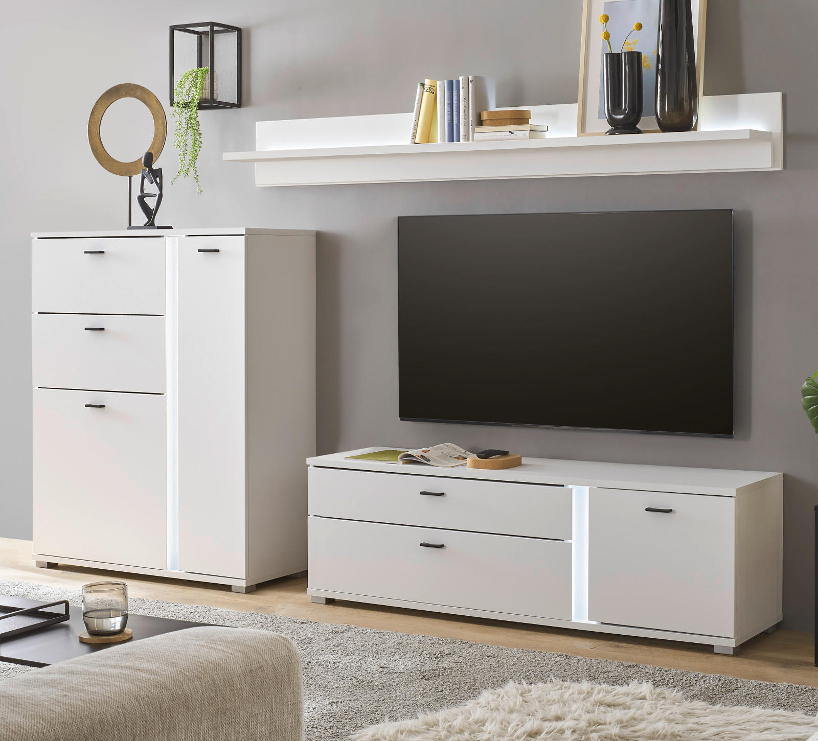 WOHNWAND weiß matt, Wohnkombination inklusive Frontbeleuchtung 260 cm - Weiß, Holzwerkstoff (260/170/42cm) - Furn.Design
