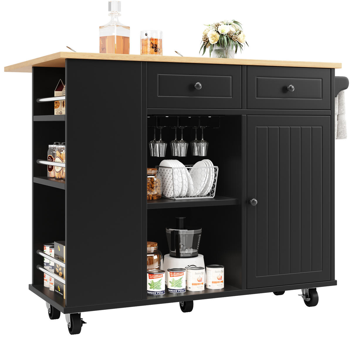 KÜCHENINSEL Schwarz Holzoptik mit Snackfach & Glashalter - Schwarz, Holz (42/91.5/120cm) - SHOPENTRA