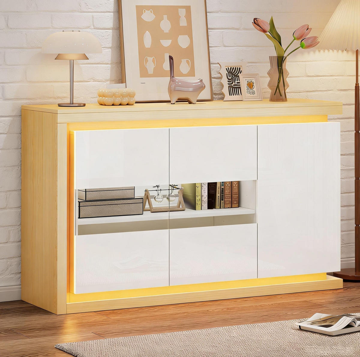 SIDEBOARD 140/40/84 cm Weiß aus Spanplatte mit LED und Glastüren - Weiß, Holzwerkstoff (40/84/140cm) - OKWISH