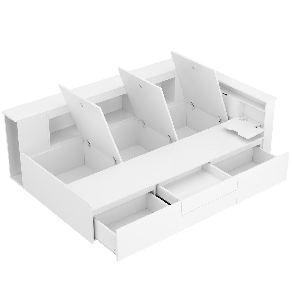 KINDERBETT 90/200 cm mit 4 Schubladen, Bücherregal und Stauraumschrank, Weiß - Weiß, Holzwerkstoff (90/200cm) - Redom