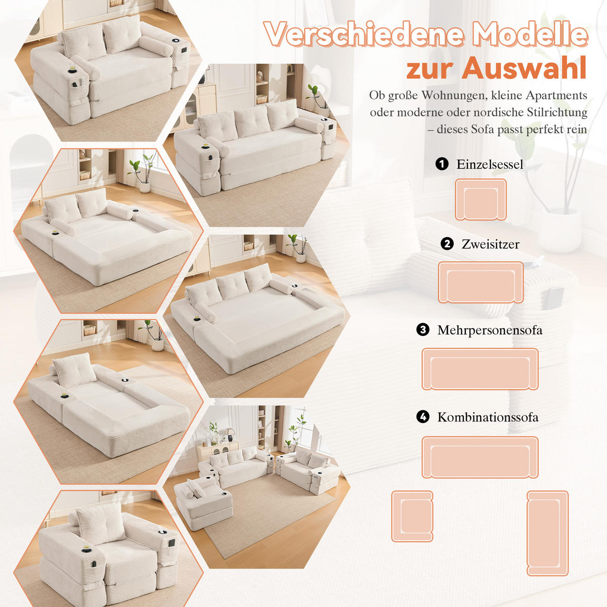 SCHLAFSOFA mit Cordbezug, Memory-Kissen, Getränkehalter und Zierkissen - Beige, Textil (180/80/98cm) - EVRYAE