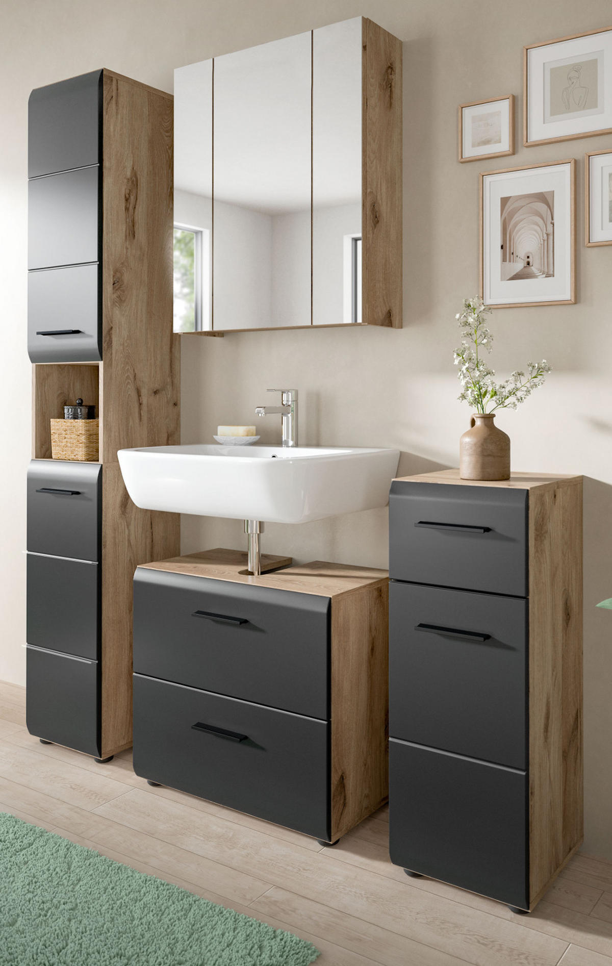 BADMÖBEL-SET 4-teilig Schwarz matt, Eiche Nox 150 x 185 cm, mit viel Stauraum und Vollauszug - Eichefarben/Schwarz, Glas/Holzwerkstoff (150/185/30cm) - Inn.Furn