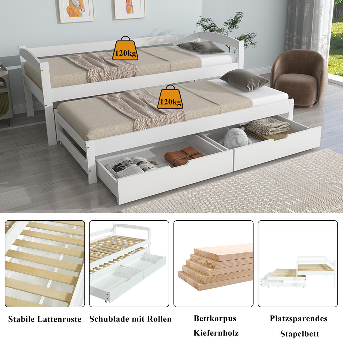 TAGESBETT 90/200 cm mit Ausziehbett und 2 Schubladen in Weiß - Weiß, Holzwerkstoff (90/200cm) - BEAOK