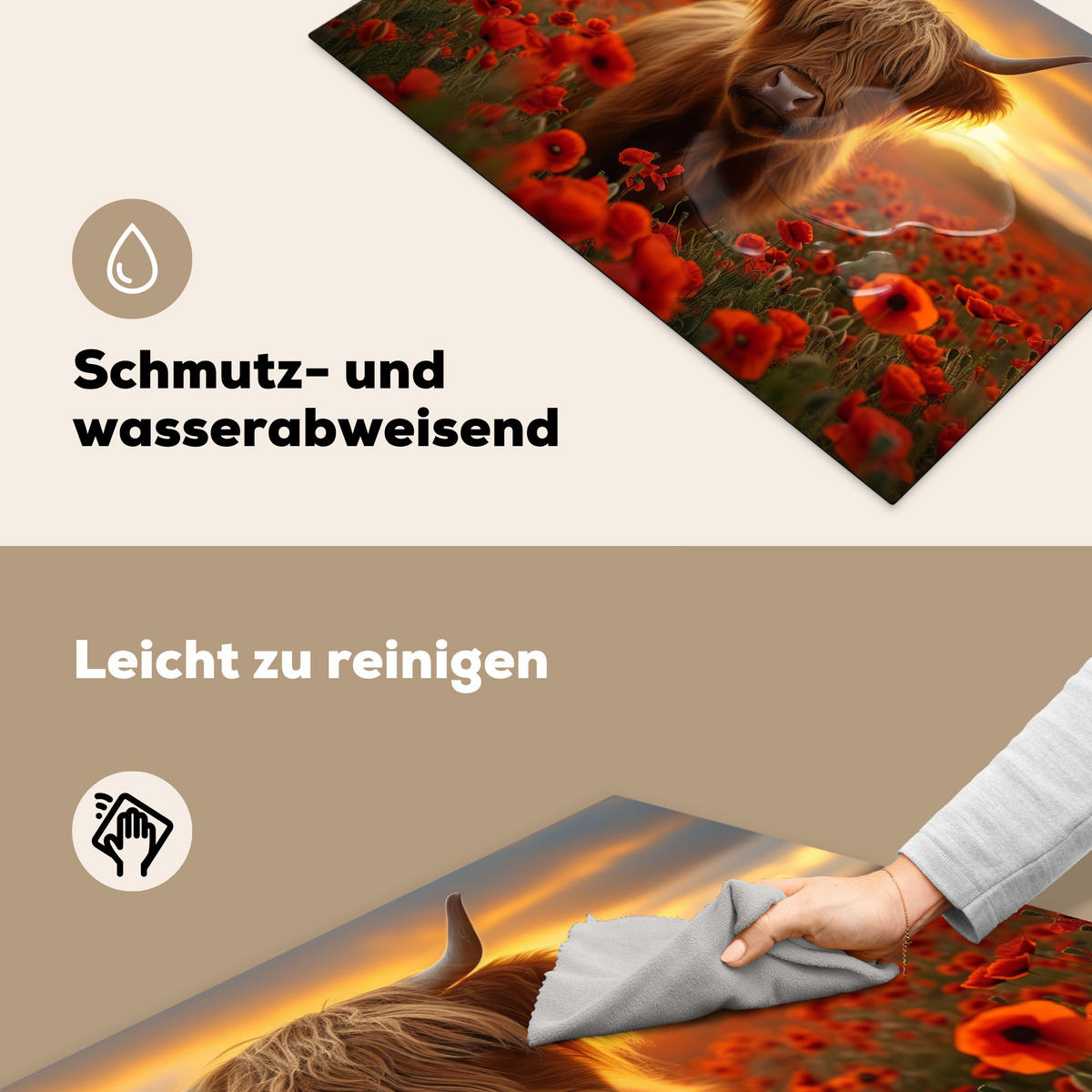 HERDABDECKPLATTE Schottische Highlander - Rosen - Blumenfeld - Sonnenuntergang Induktionsmatte 81x52 cm - Rotbraun, Kunststoff (81/52/0.2cm) - MuchoWow