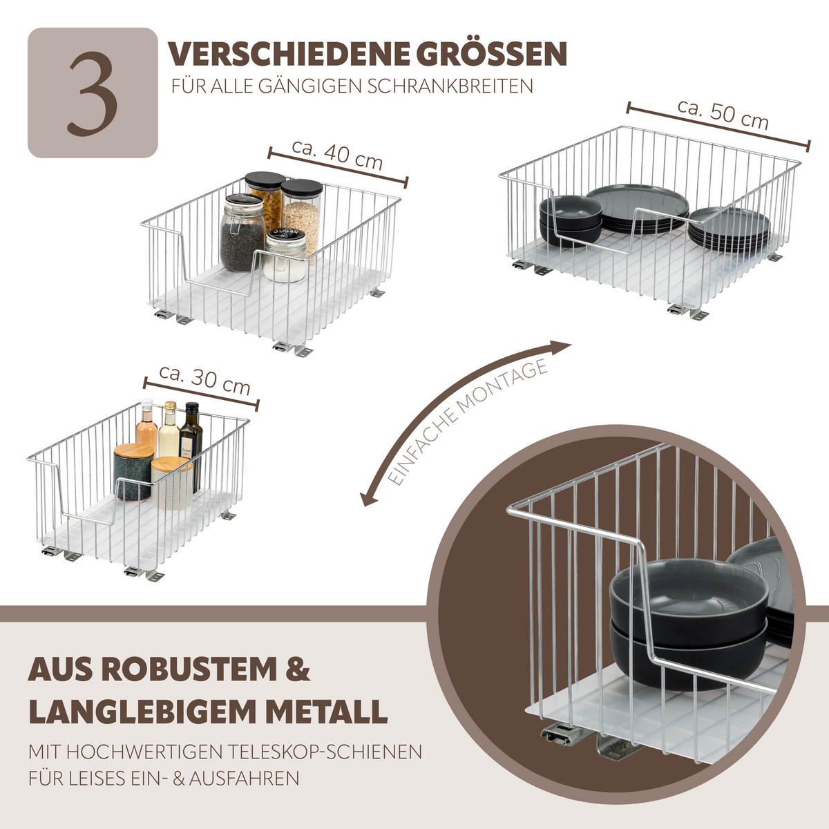 SCHRANK-KORBAUSZUG 30 cm, Silber, Metall - Chromfarben, Metall (30/23/50.5cm) - bremermann