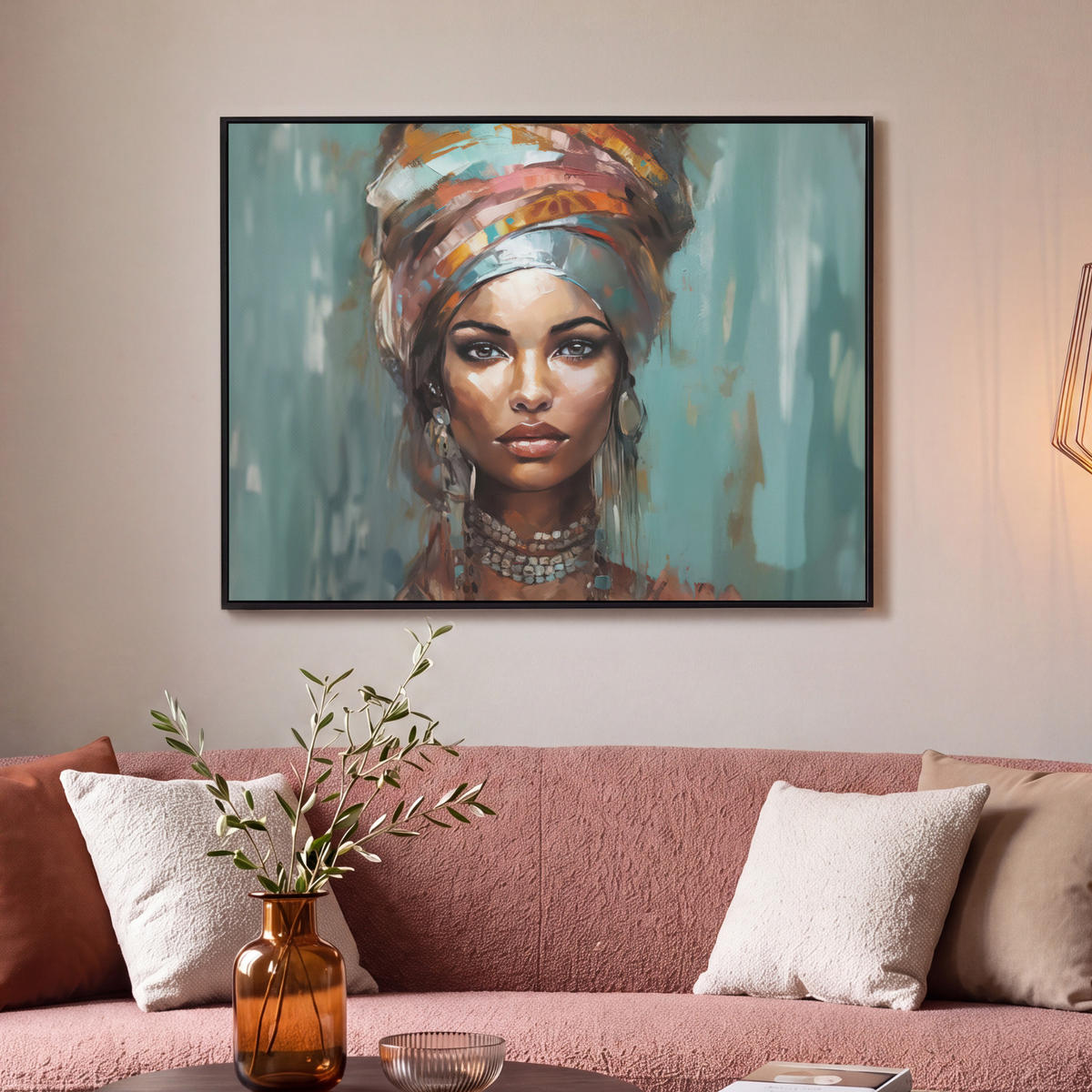 LEINWAND Bilder mit Rahmen - Frau - Kunst - Schmuck - Porträt - 100x70 - Blaugrau, Textil (100/70cm) - MuchoWow