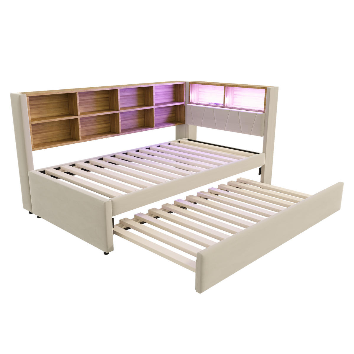 AUSZIEHBETT 90/200 cm Flanell Beige mit LED-Beleuchtung und Ladeanschlüssen - Beige, Textil (90/200cm) - OKWISH