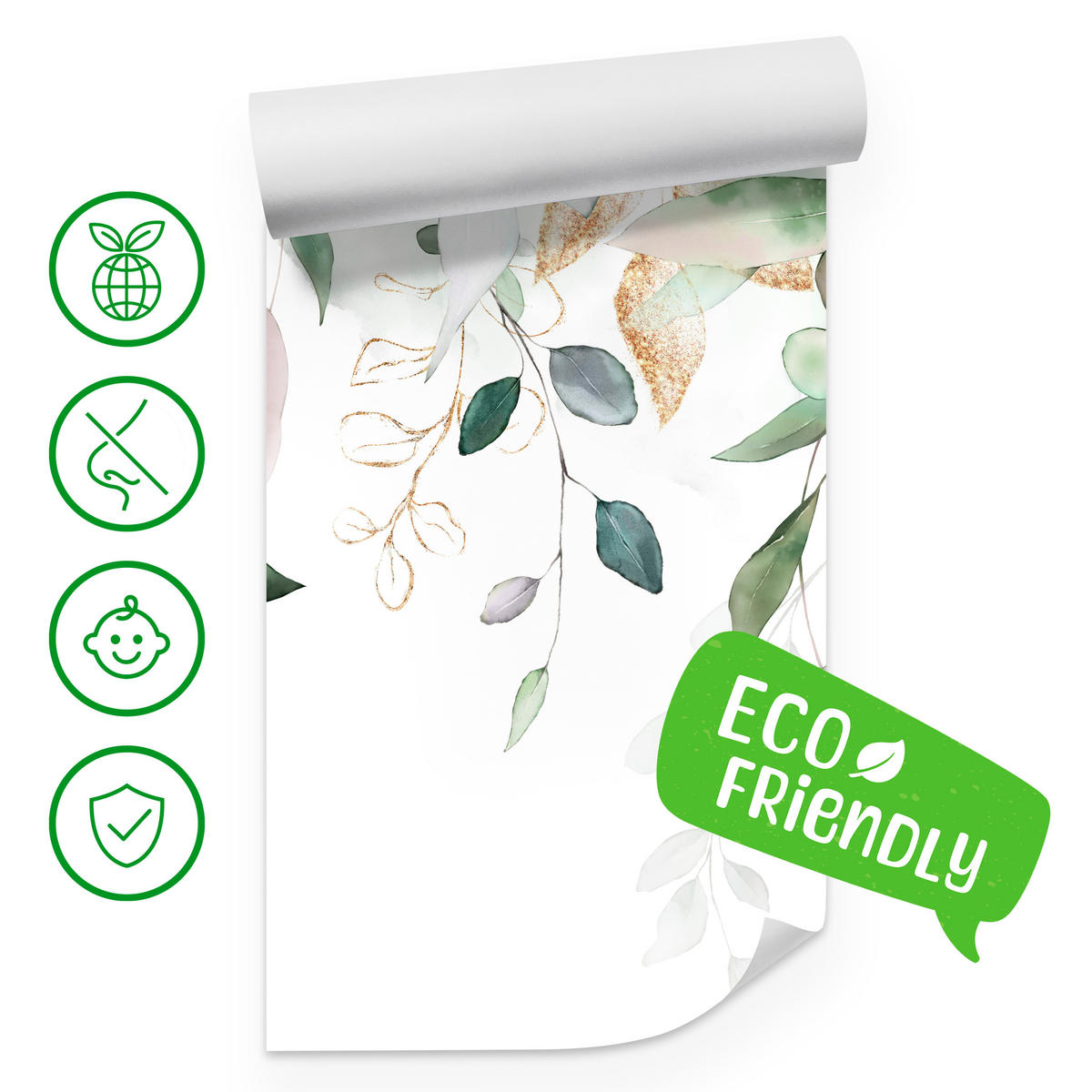 FOTOTAPETE für Schlafzimmer Aquarell Blätter Eukalyptus Weiß 150x105 - Gelb/Weiß, Papier (150/105cm) - Muralo