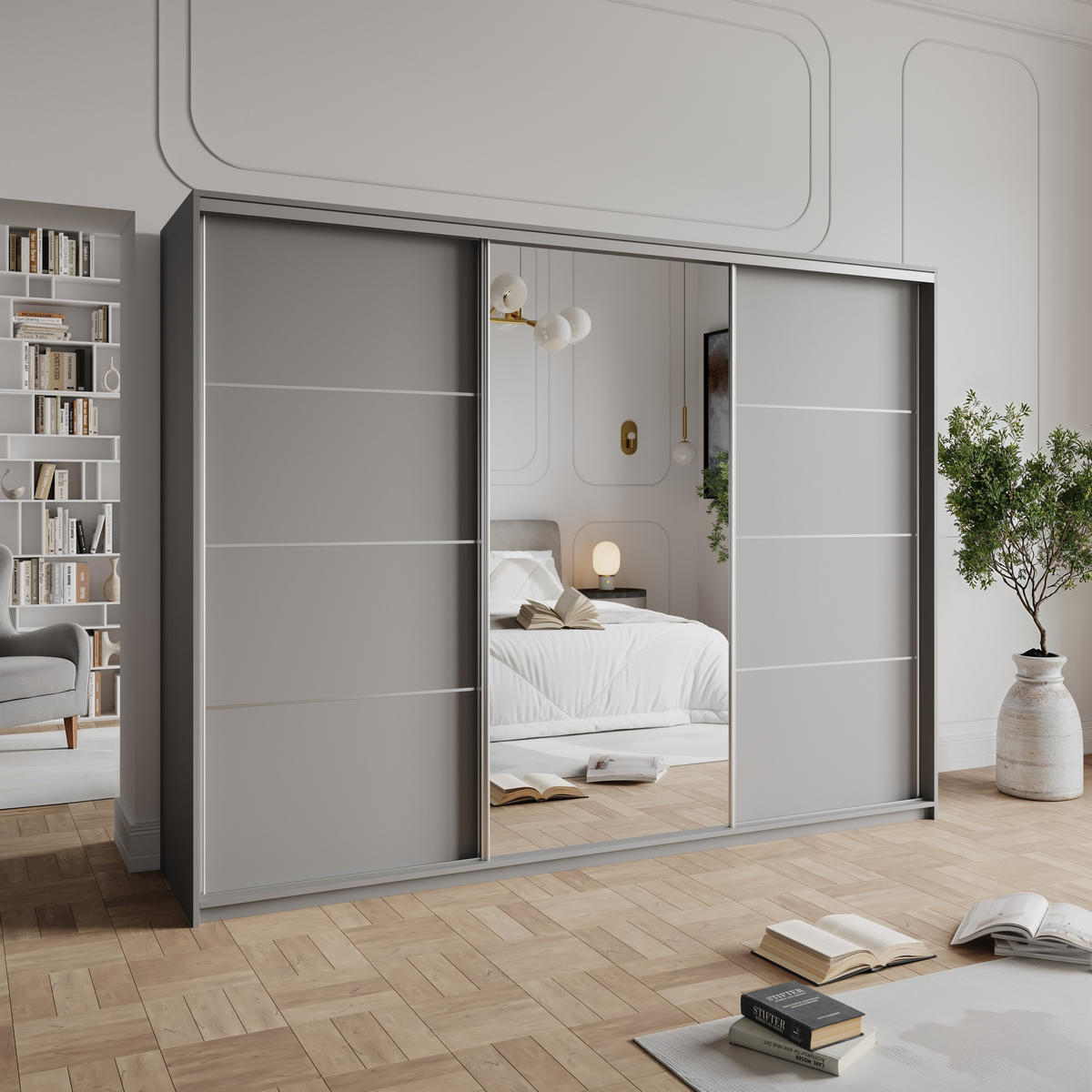 SCHWEBETÜRENSCHRANK VARO 250/205/60 cm 3-türig mit Spiegel und Schubladen Graphitfarben - Graphitfarben/Nickelfarben, Holzwerkstoff (250/205/60cm) - MASSENO