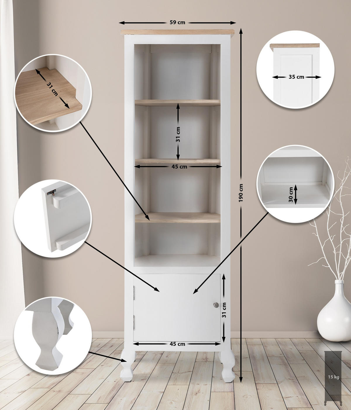 BÜCHERREGAL Holz Natura/Weiß - Eukalyptusholzfarben/Weiß, Holz (59/190/35cm) - CLP