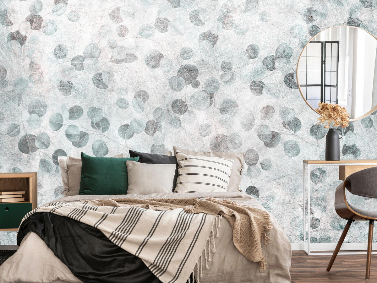 FOTOTAPETE Eukalyptusblätter Beton Vintage Stil 450x315 - Grau/Grün, Papier (450/315cm) - Muralo