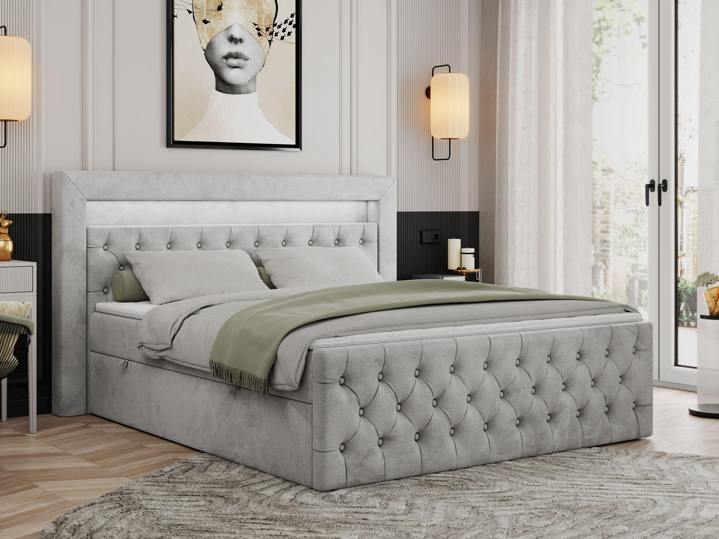 BOXBETT GOLD-9 LED 120/200 Hellgrau Velvet - H3 - Hellgrau, Holz/Textil (120/200cm) - MKS