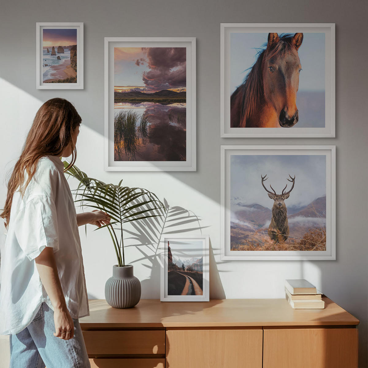 WANDBILDER 5er-Set - 50x50 cm & 20x30 cm & 40x60 cm Weißer Rahmen - Berglandschaften, Rentiere, Pferdestraße - Weiß, Kunststoff (40/60cm) - ArtPrintCave