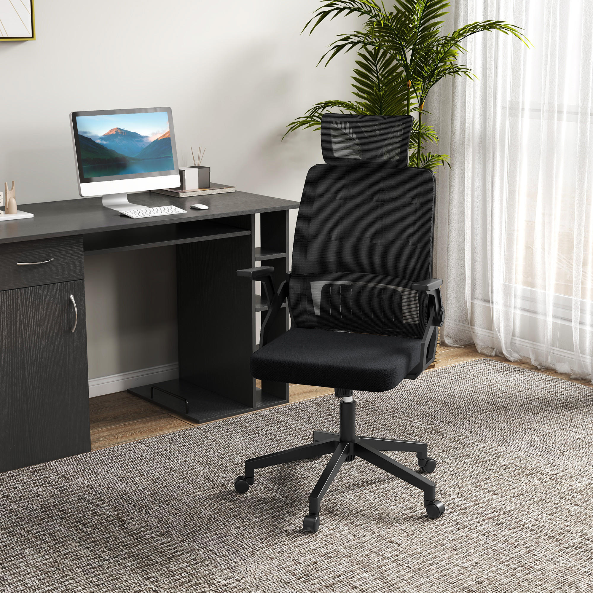 BÜROSTUHL Ergonomisch, Schreibtischstuhl mit Verstellbar Kopfstütze Mesh Schwarz - Schwarz, Textil (61/121.5/60cm) - Vinsetto