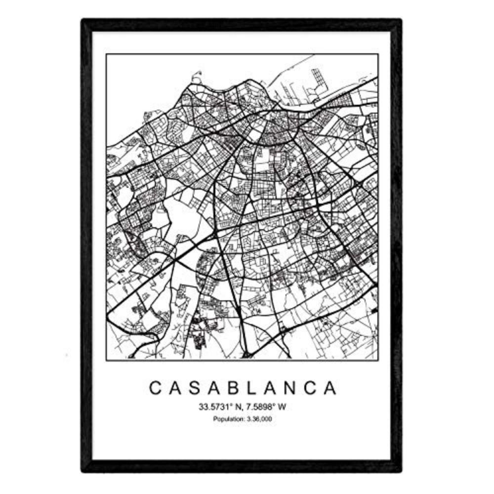 POSTER Casablanca Stadtkarte – Nordisch A3 Schwarzer Rahmen - Schwarz, Papier (29.7/5/42cm) - Nacnic