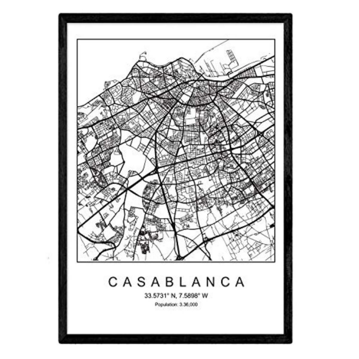 POSTER Casablanca Stadtkarte – Nordisch A3 Schwarzer Rahmen - Schwarz, Papier (29.7/5/42cm) - Nacnic