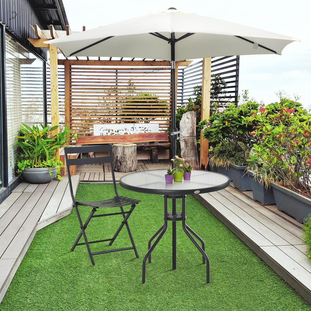 GARTENTISCH DE-07289 rund mit Schirmloch und Hartglas Schwarz - Schwarz, Glas/Metall (80/80/72cm) - ComfortXL